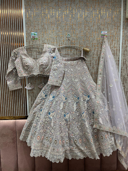 Eye catching pista green peacock crop top Lehenga