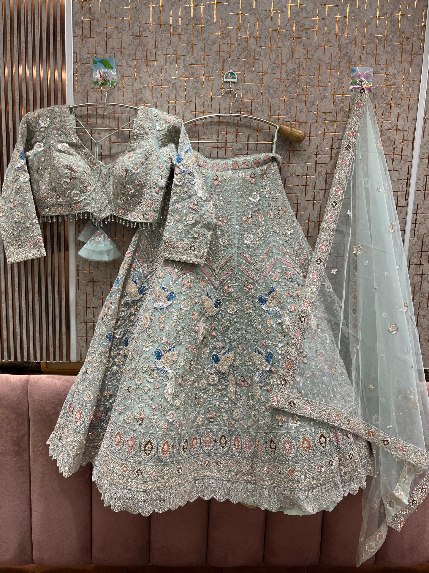 Eye catching pista green peacock crop top Lehenga