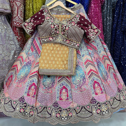 Designer Celebrity Inspired Baby pink Multicolour crop top Lehenga