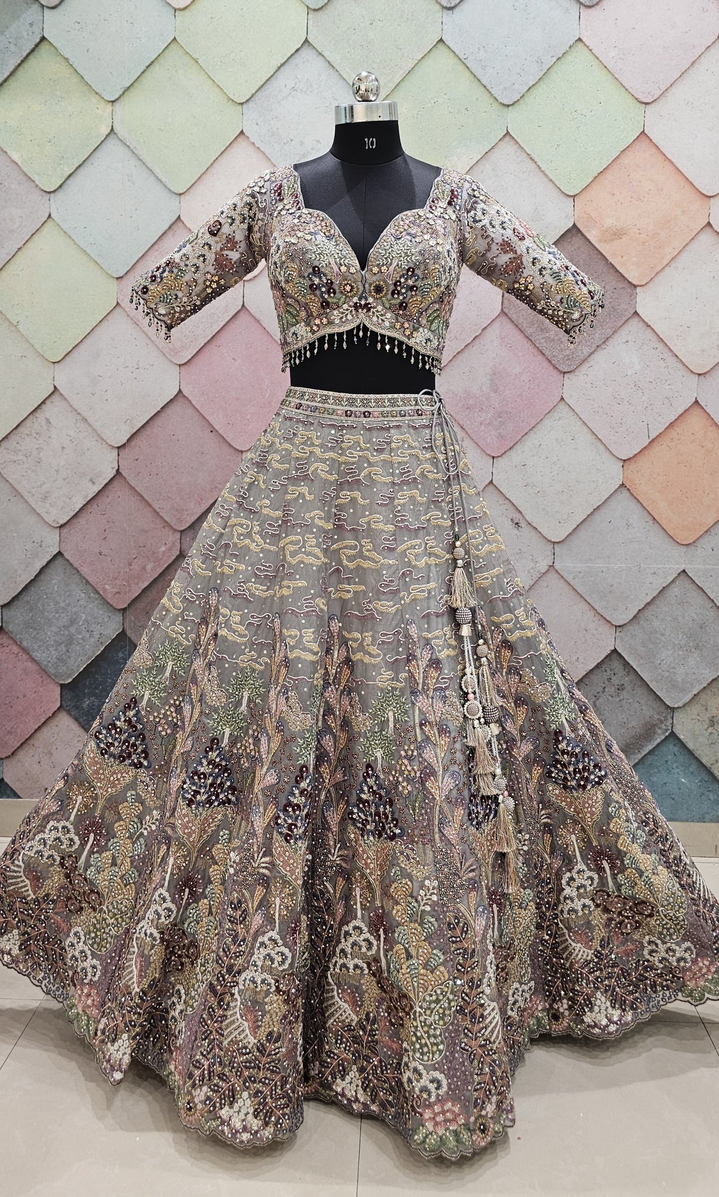 Something grey silver Organza crop top Lehenga