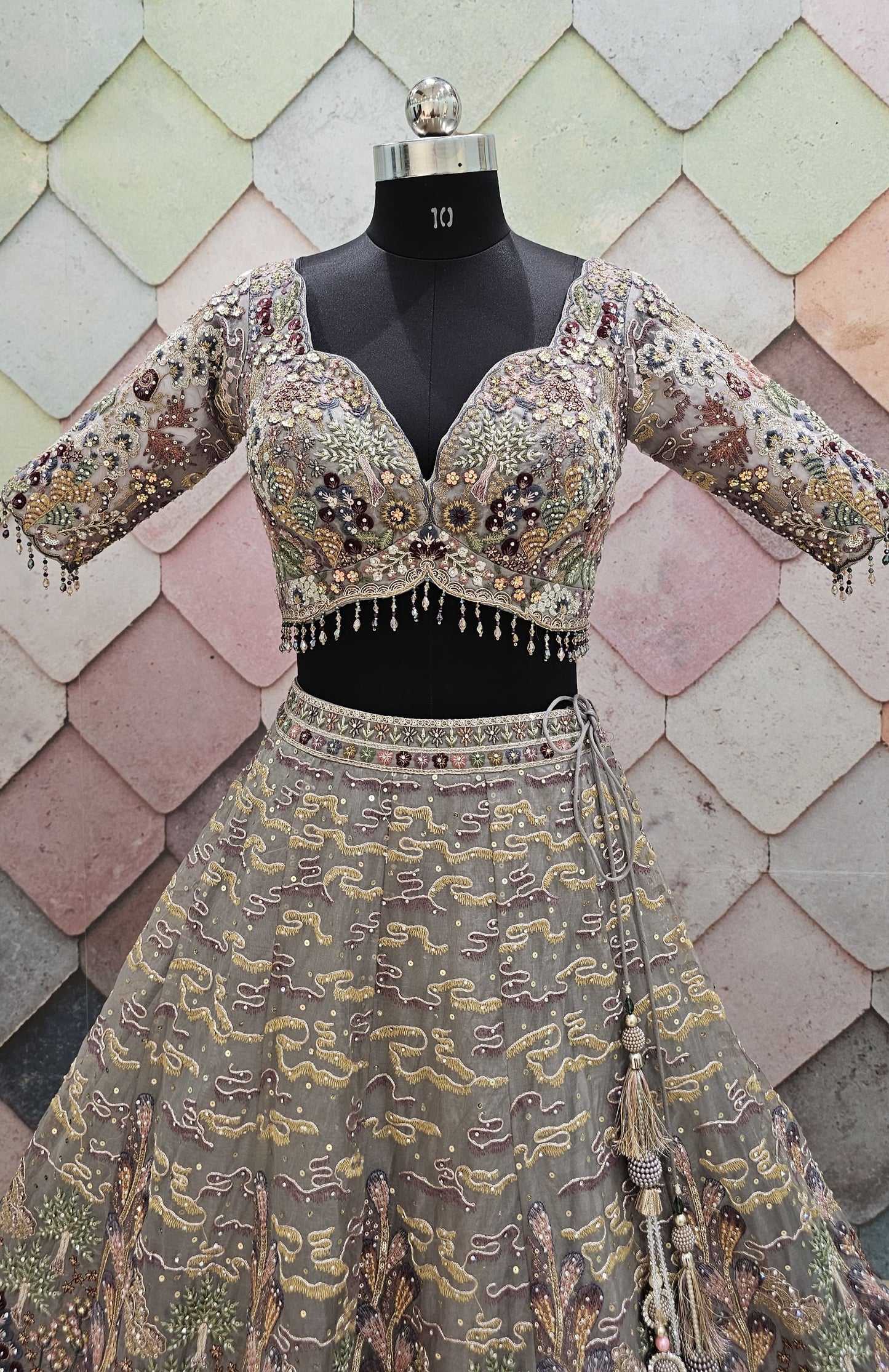 Something grey silver Organza crop top Lehenga