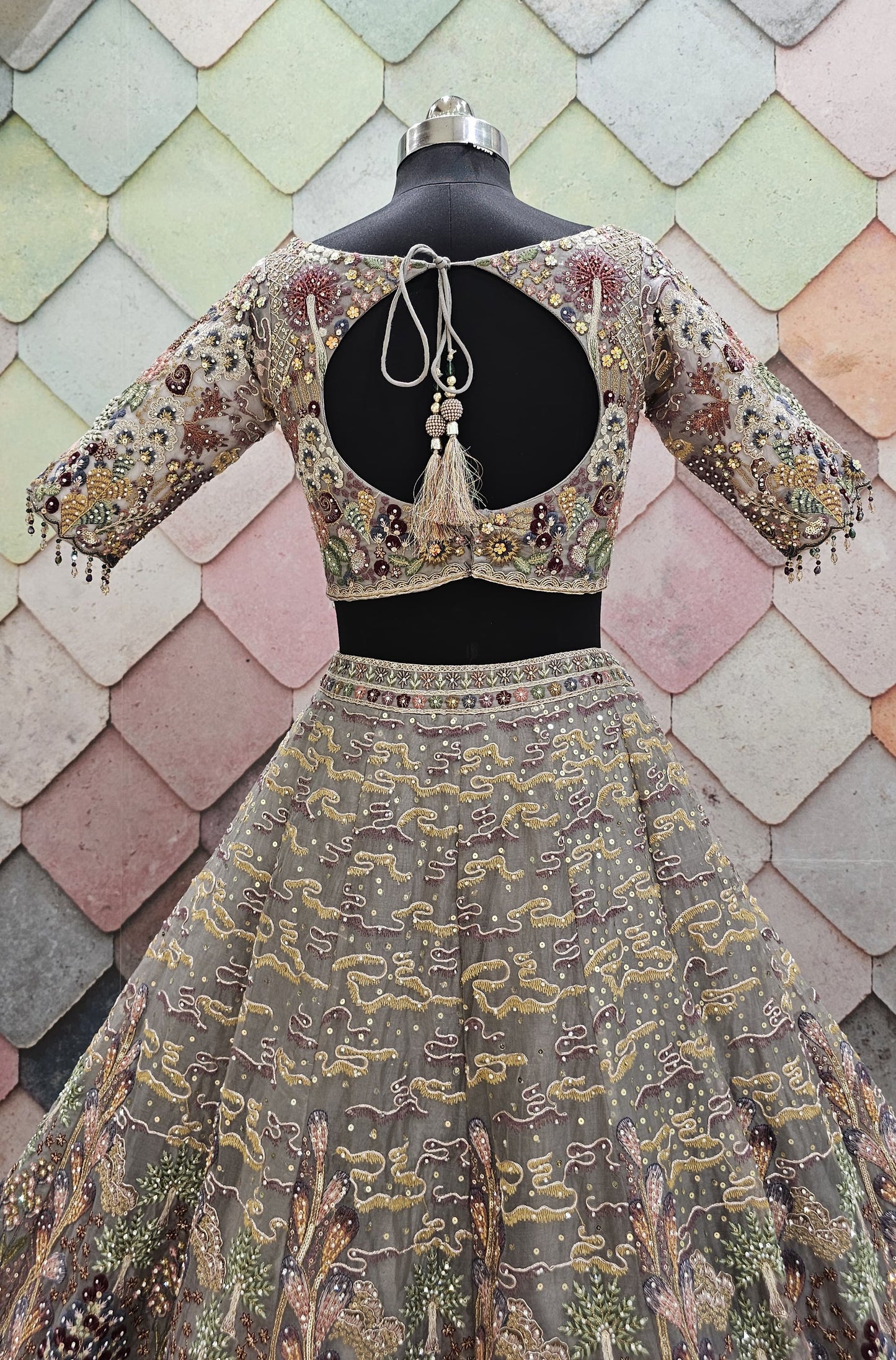 Something grey silver Organza crop top Lehenga