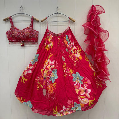 Pretty red Flower print crop top Lehenga
