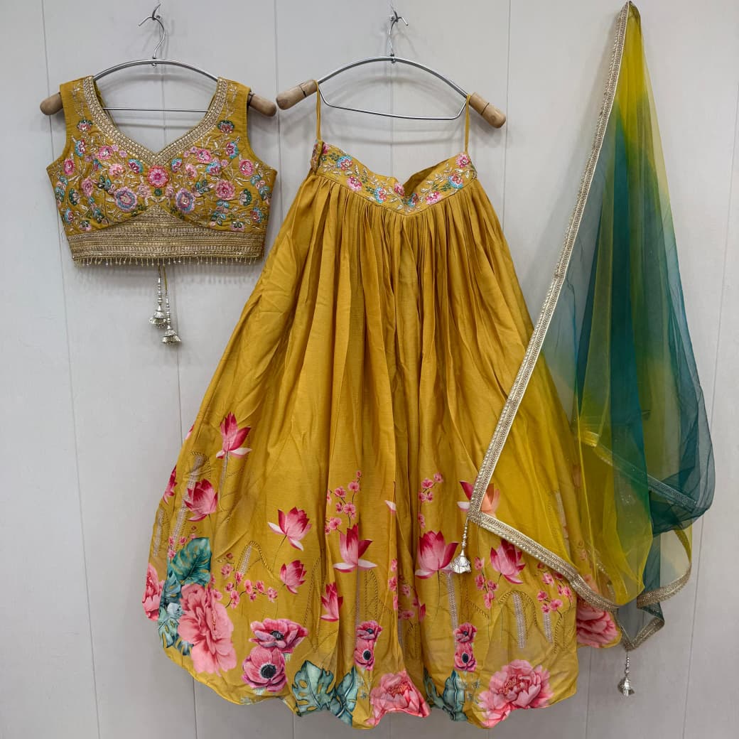 Beautiful white Flower print crop top Lehenga