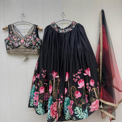 Beautiful white Flower print crop top Lehenga