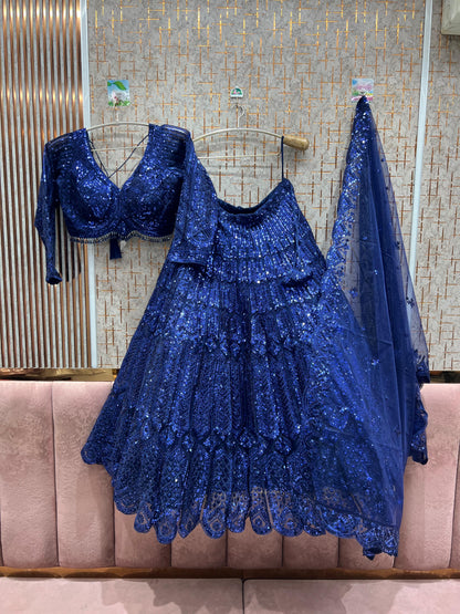 Pretty Navy Blue on Blue monotone crop top Lehenga