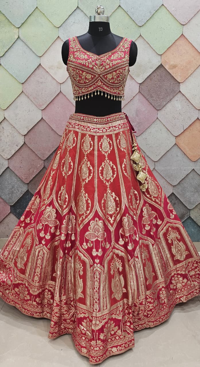 Delightful Banarasi Mehendi green crop top Lehenga