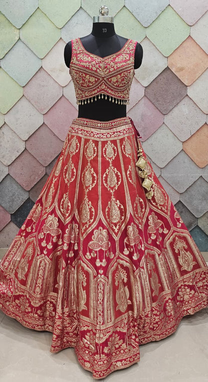 Delightful Banarasi Mehendi green crop top Lehenga