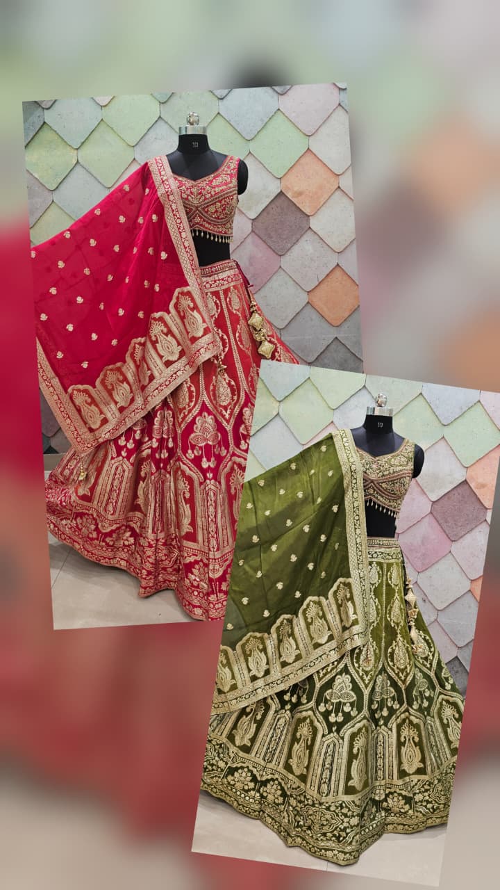 Delightful Banarasi Mehendi green crop top Lehenga