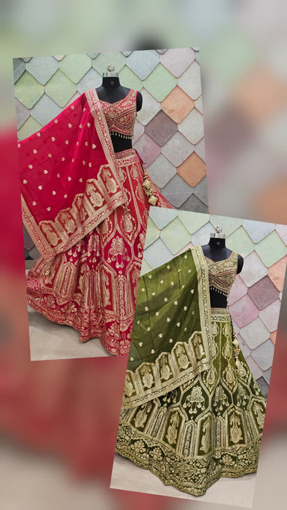 Delightful Banarasi Mehendi green crop top Lehenga