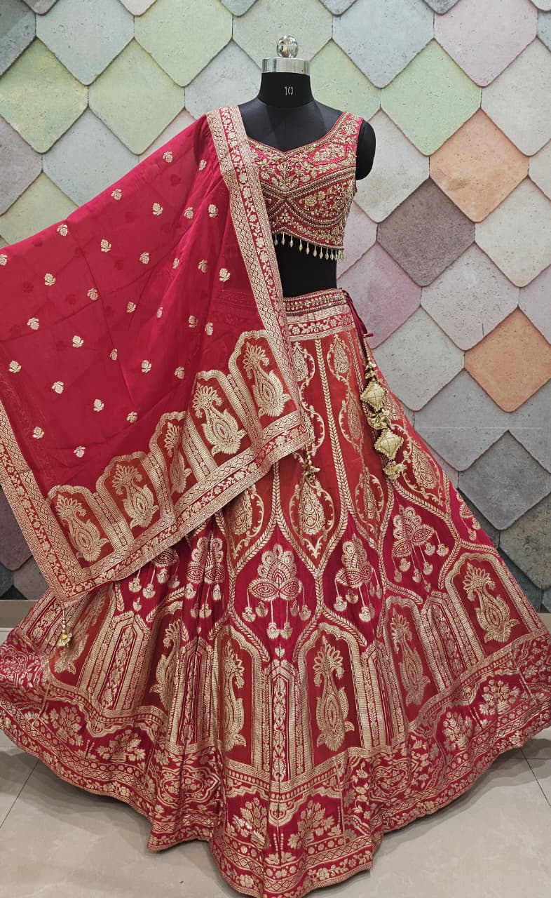 Delightful Banarasi Mehendi green crop top Lehenga