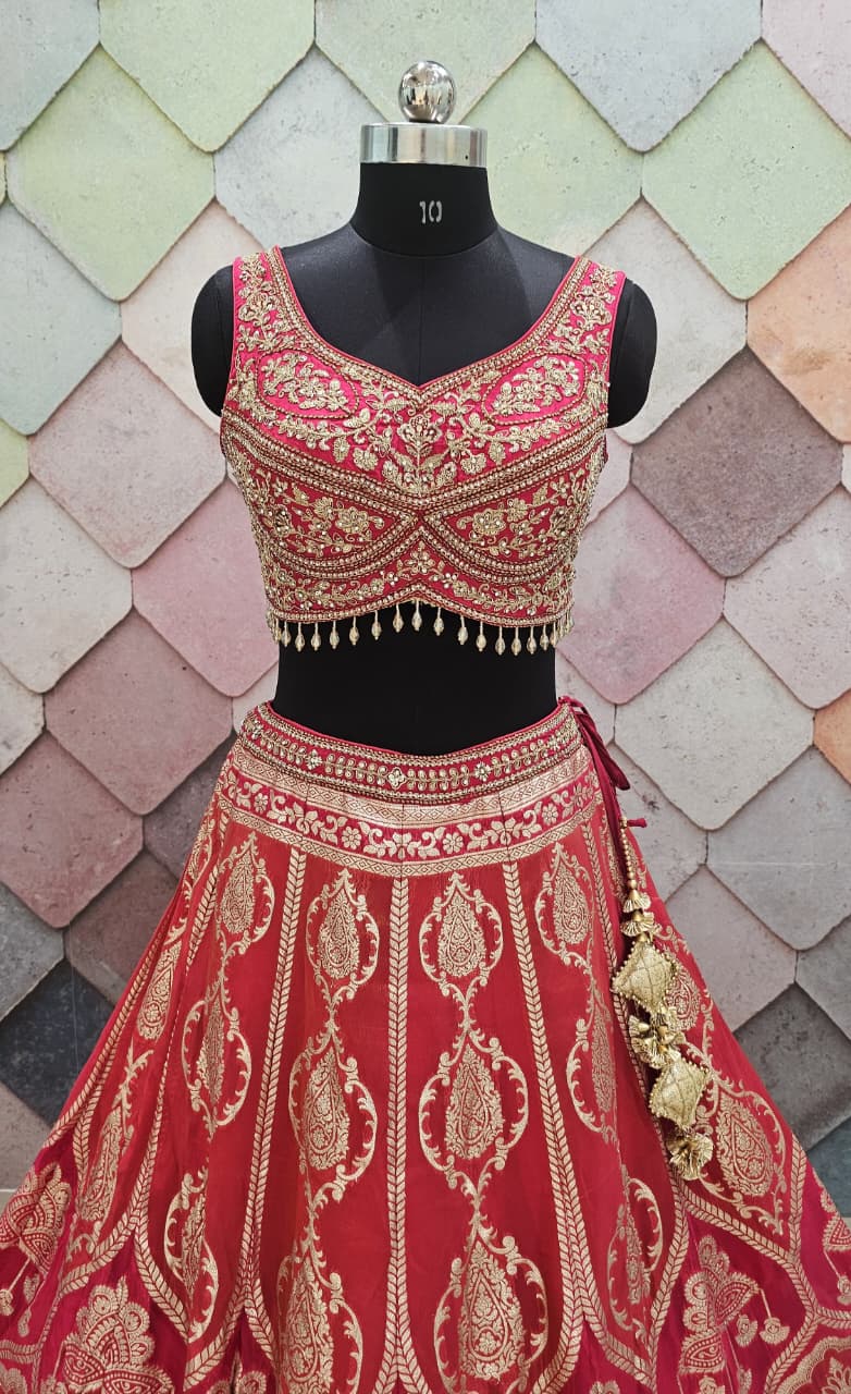 Delightful Banarasi Mehendi green crop top Lehenga