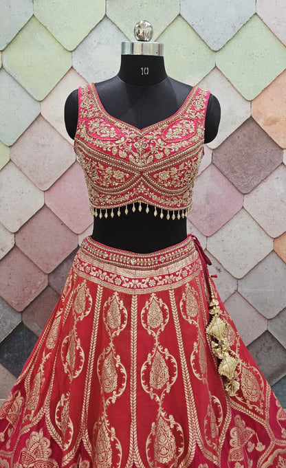 Delightful Banarasi Mehendi green crop top Lehenga
