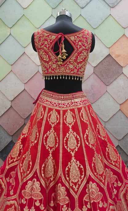 Delightful Banarasi Mehendi green crop top Lehenga