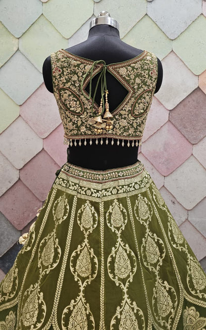 Delightful Banarasi Mehendi green crop top Lehenga