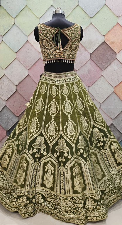 Delightful Banarasi Mehendi green crop top Lehenga