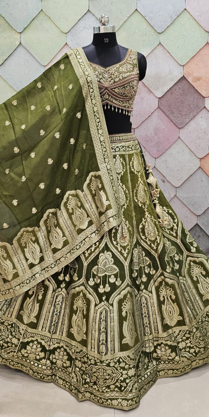 Delightful Banarasi Mehendi green crop top Lehenga