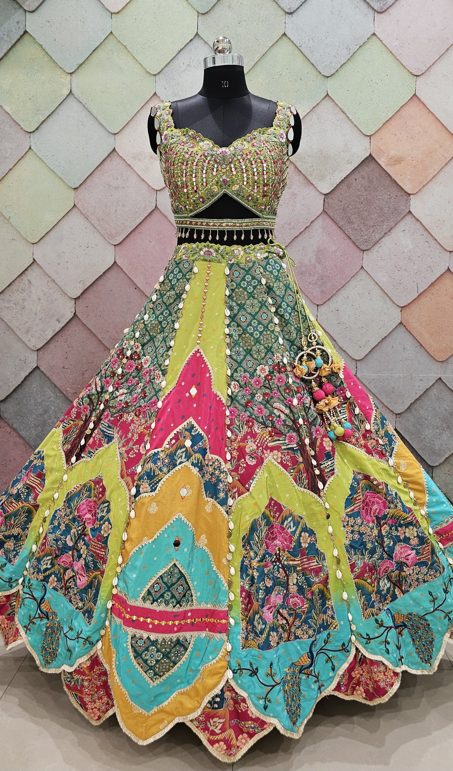 Liz Paul Inspired green yellow peacock multicolour crop top Lehenga