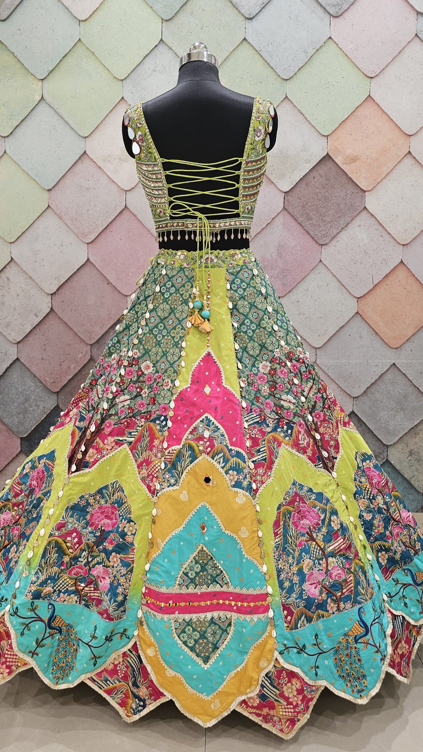 Liz Paul Inspired green yellow peacock multicolour crop top Lehenga