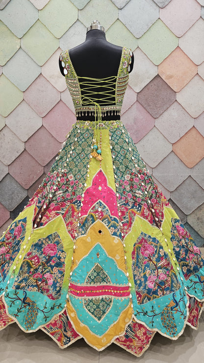 Liz Paul Inspired green yellow peacock multicolour crop top Lehenga