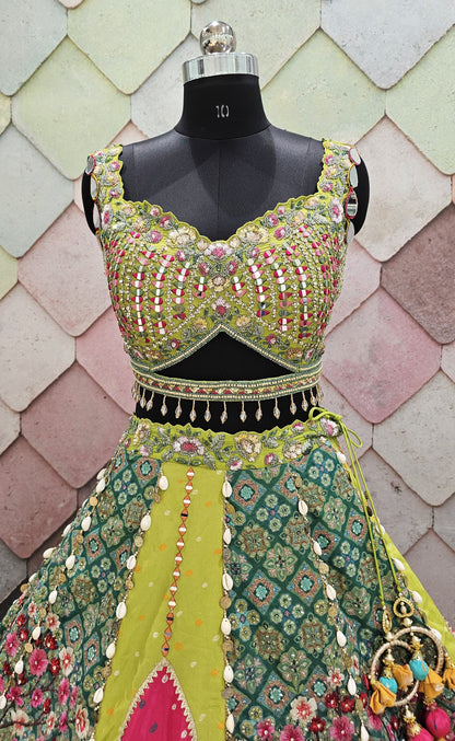 Liz Paul Inspired green yellow peacock multicolour crop top Lehenga