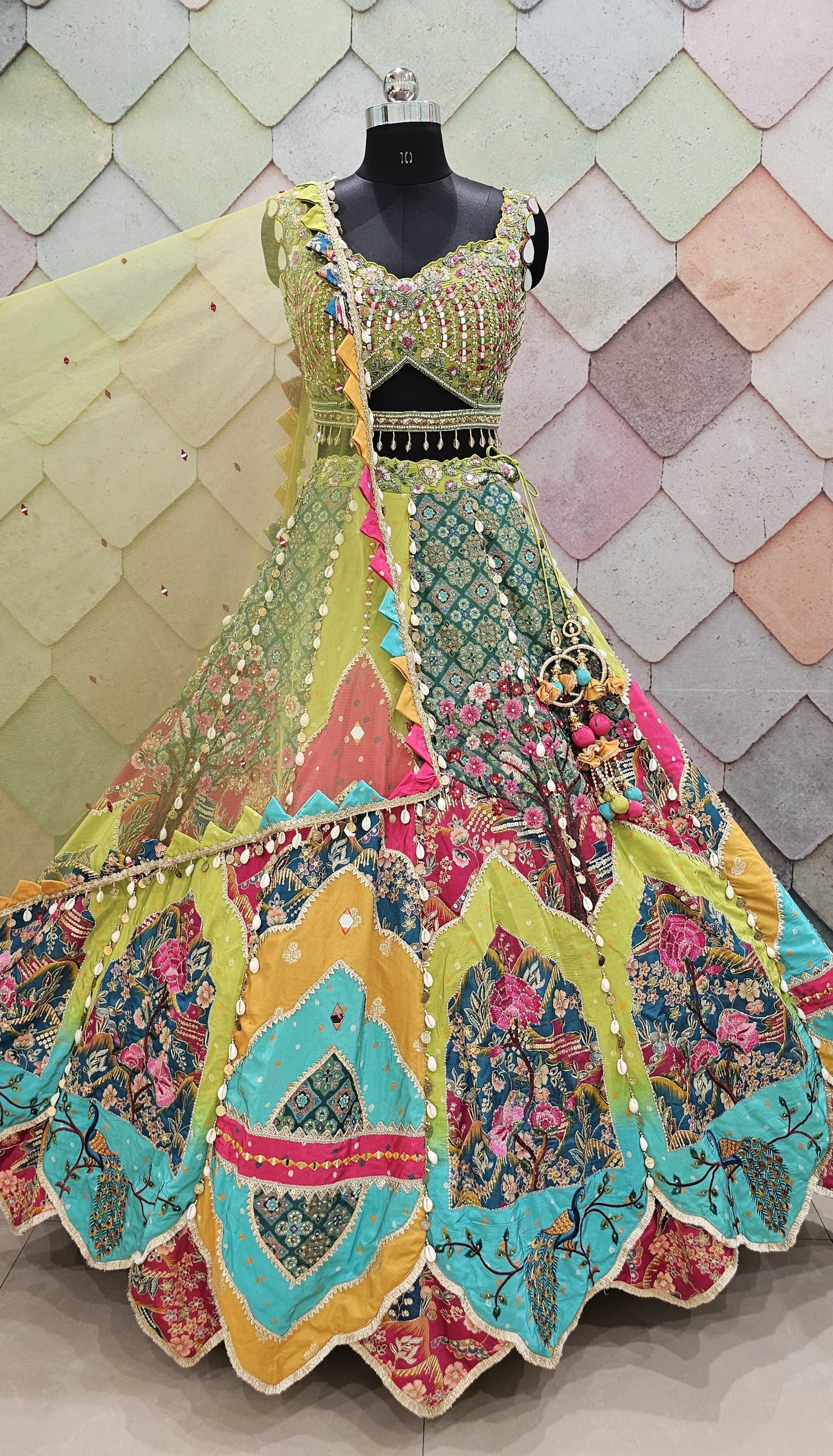 Liz Paul Inspired green yellow peacock multicolour crop top Lehenga