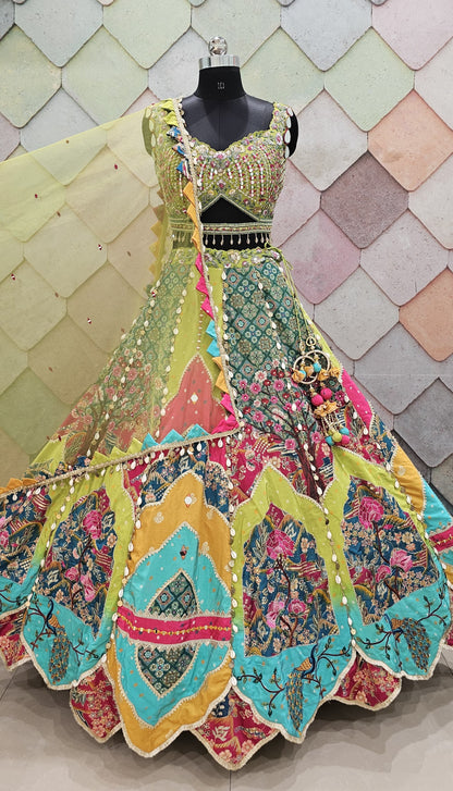 Liz Paul Inspired green yellow peacock multicolour crop top Lehenga