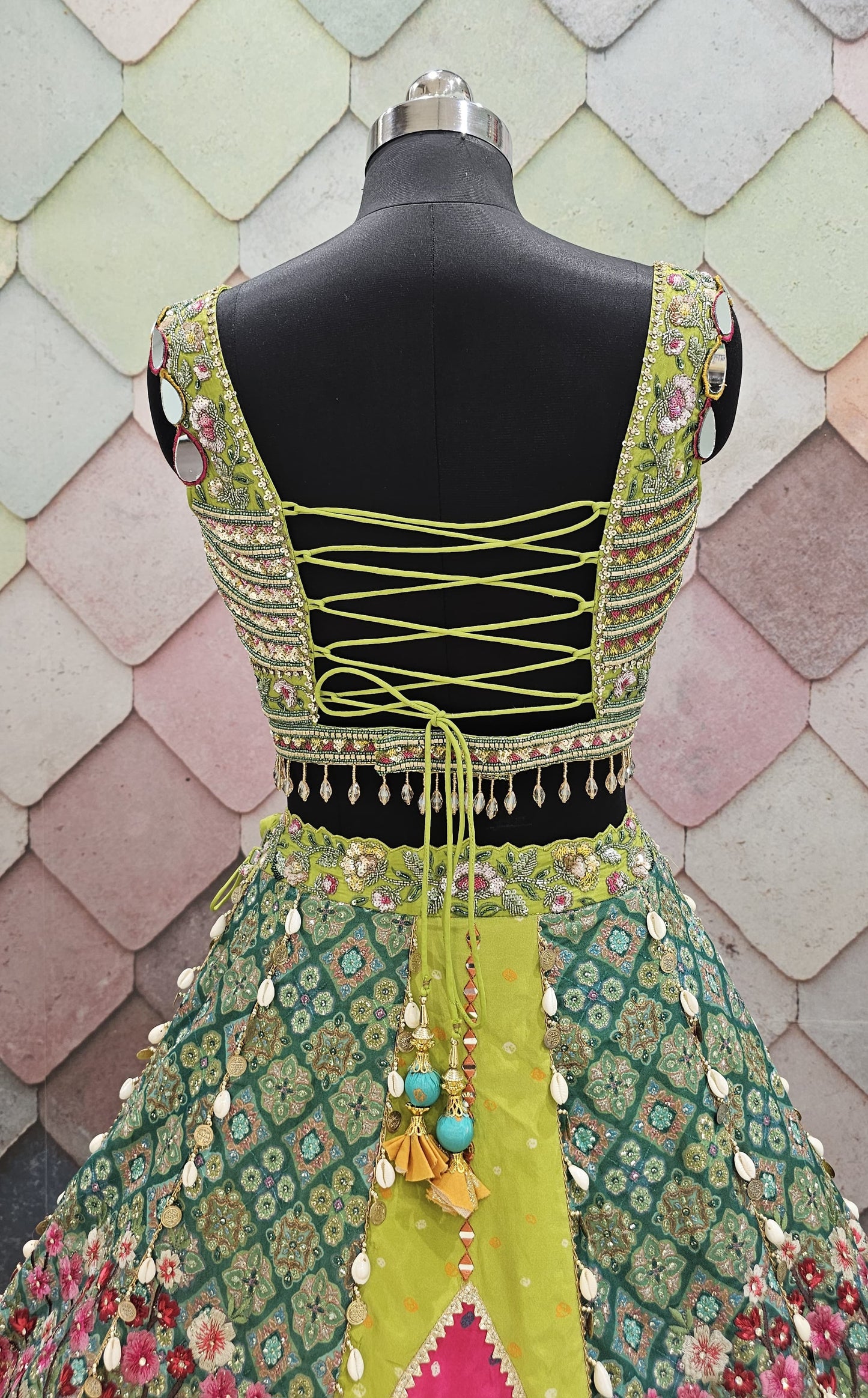 Liz Paul Inspired green yellow peacock multicolour crop top Lehenga