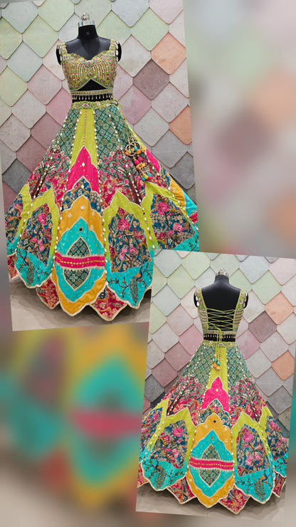 Liz Paul Inspired green yellow peacock multicolour crop top Lehenga