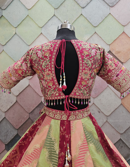 Beautiful Banarasi Kalidar crop top pink green peach Lehenga