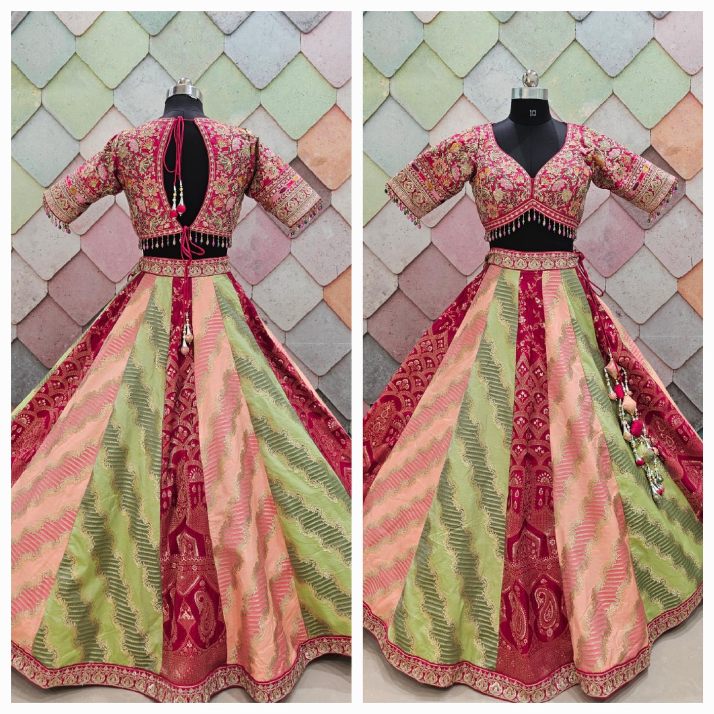 Beautiful Banarasi Kalidar crop top pink green peach Lehenga