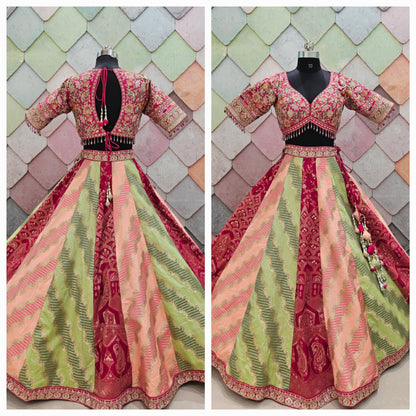 Beautiful Banarasi Kalidar crop top pink green peach Lehenga