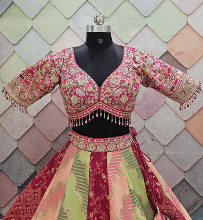 Beautiful Banarasi Kalidar crop top pink green peach Lehenga