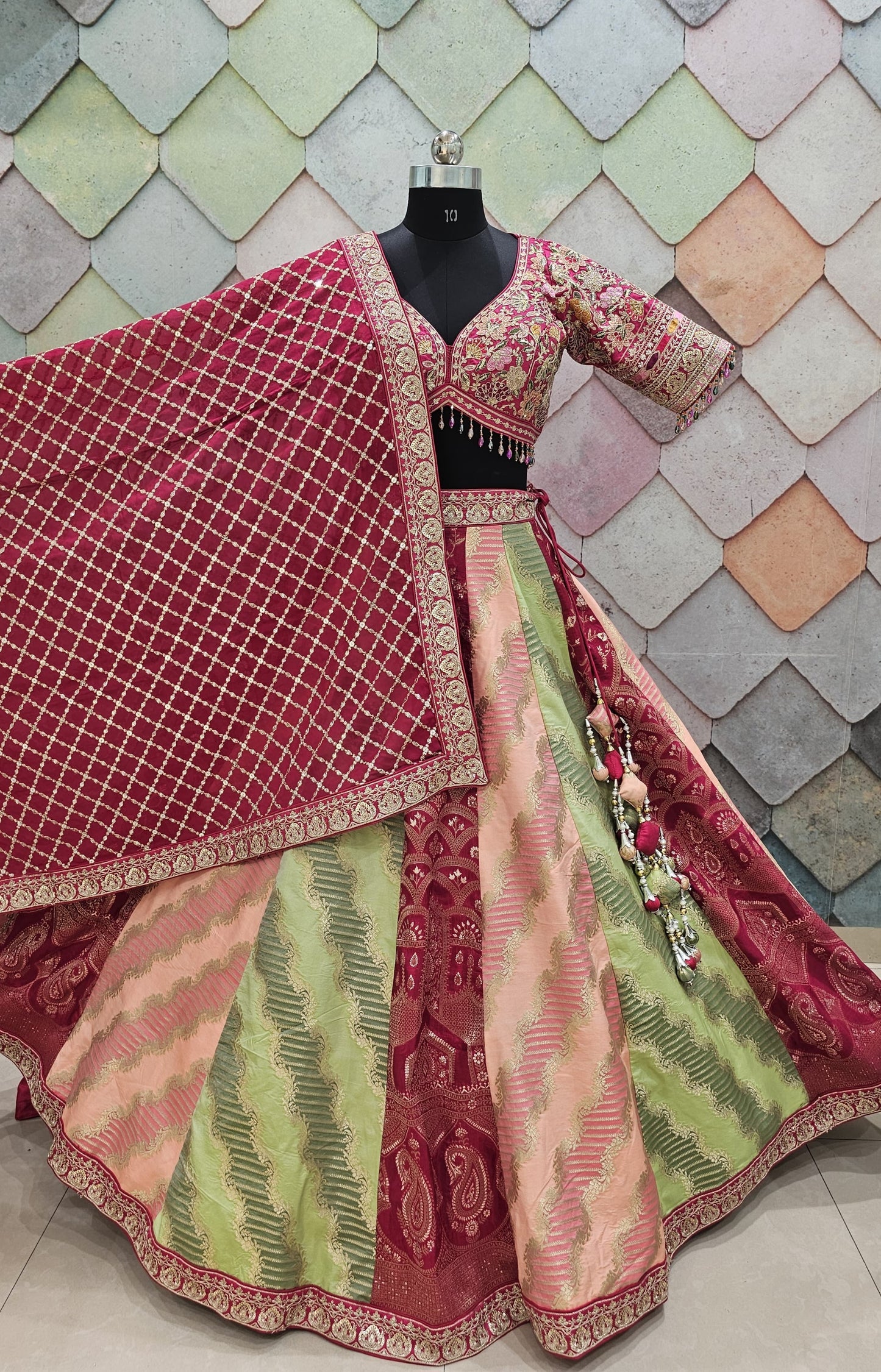 Beautiful Banarasi Kalidar crop top pink green peach Lehenga