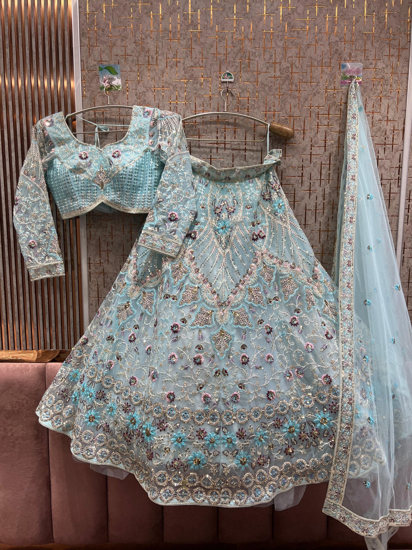 Embellished Sky blue crop top Lehenga