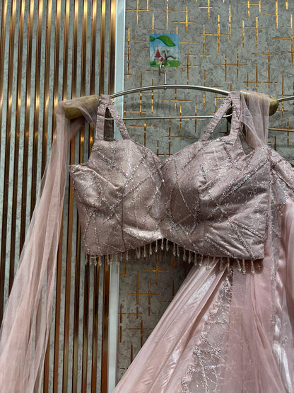 Eye catching baby pink crop top Lehenga