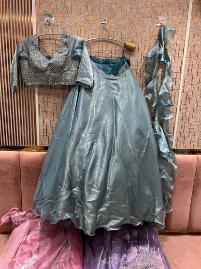 Delightful frill Sky blue Crop Top Lehenga