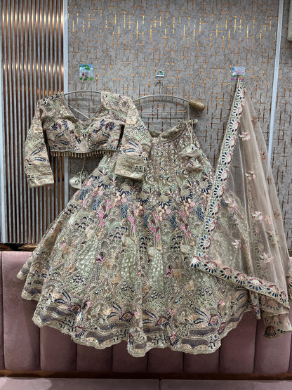 Khoobsurat peach peacock crop top Lehenga