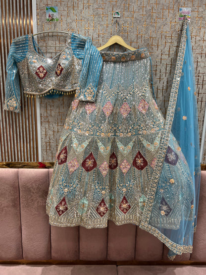 Khoobsurat Sky blue Crop top Lehenga