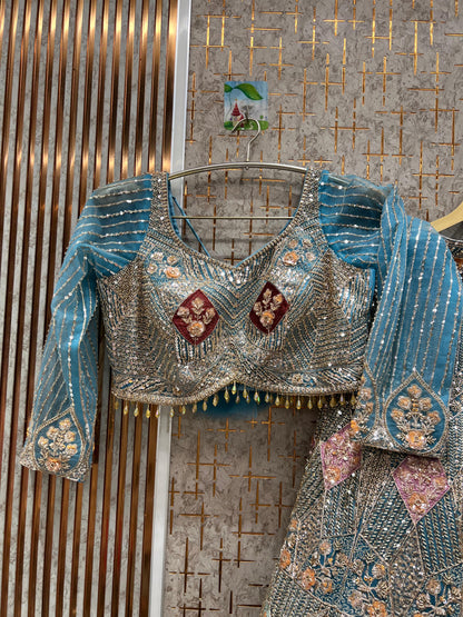 Khoobsurat Sky blue Crop top Lehenga