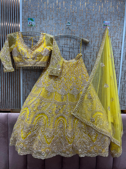Delightful yellow Haldi mehendi Crop Top Lehenga