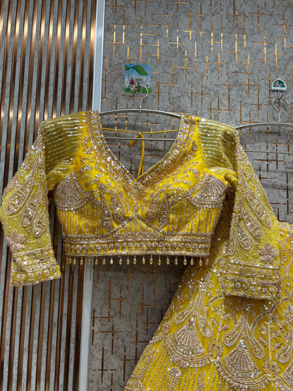 Delightful yellow Haldi mehendi Crop Top Lehenga