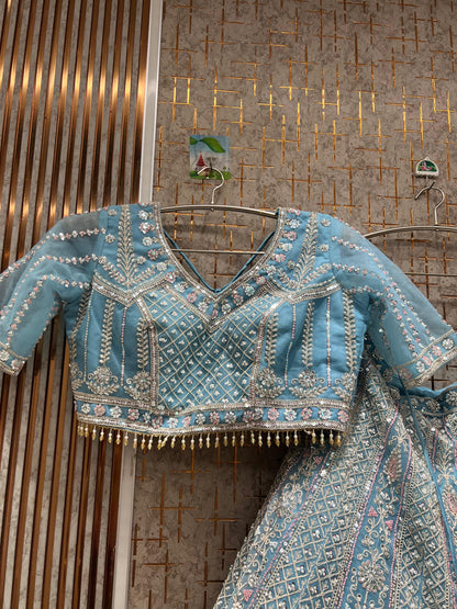 Elegant Sky blue Crop Top Lehenga