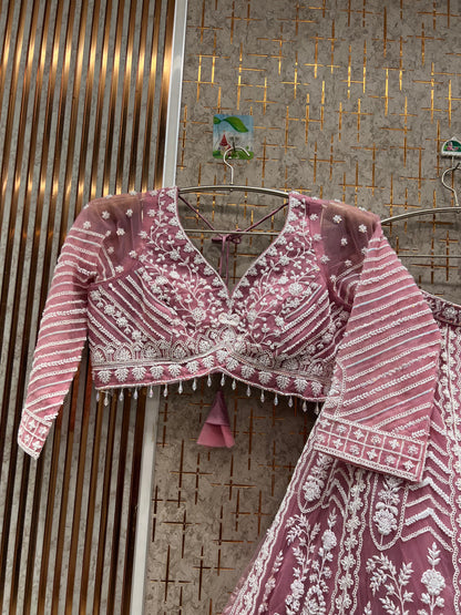 Designer Baby pink peacock Crop Top Lehenga