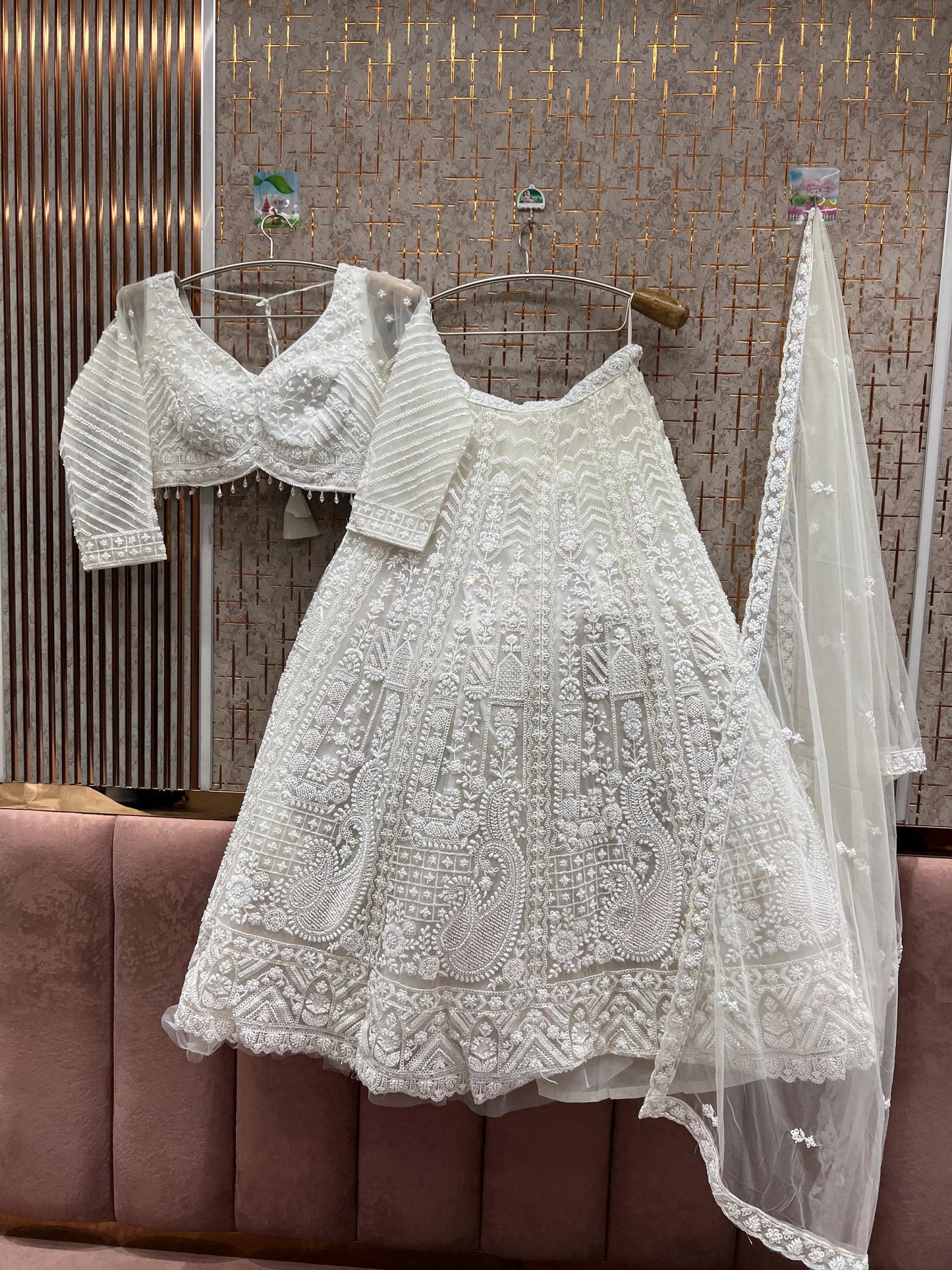 Designer Baby pink peacock Crop Top Lehenga