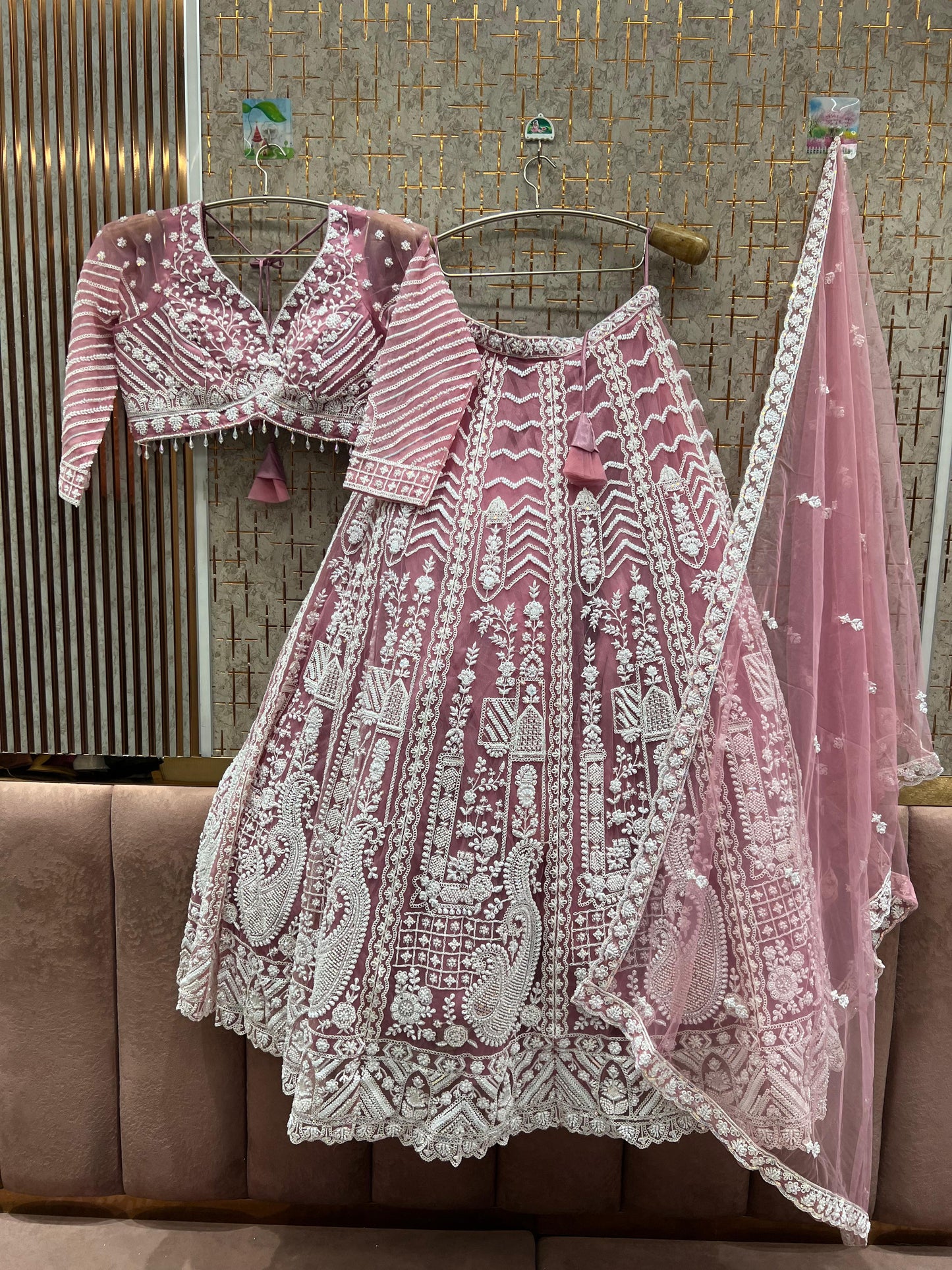 Designer Baby pink peacock Crop Top Lehenga