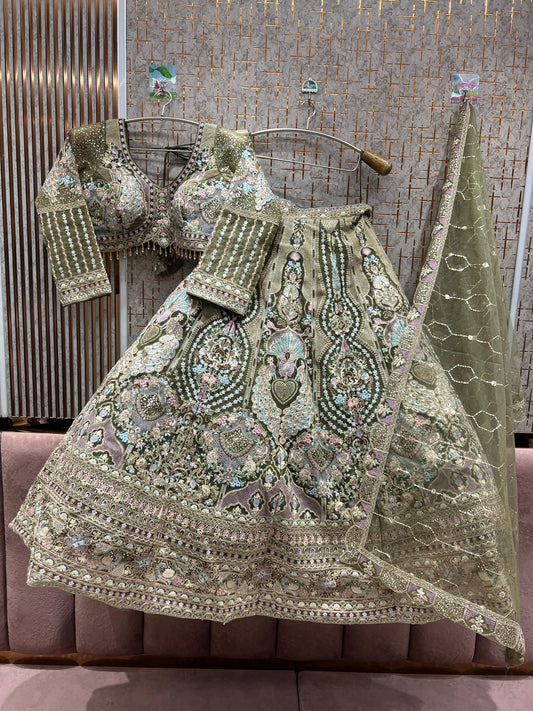 Amazing Pista green peacock Crop top Lehenga