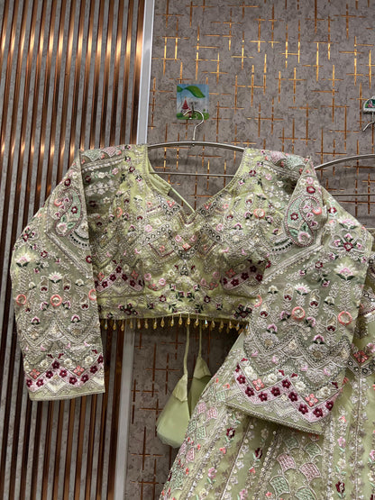 Astonishing Beige golden peacock Crop top Lehenga