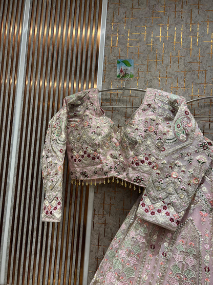 Astonishing Beige golden peacock Crop top Lehenga