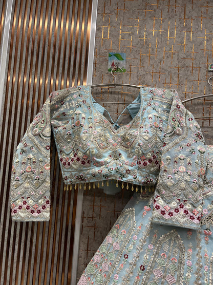 Astonishing Beige golden peacock Crop top Lehenga